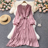 Wear Long Sleeves V-neck Bow Lace-up Cinched Waist over-the-Knee Maxi Dress French Retro Big Swing Dress Pleated